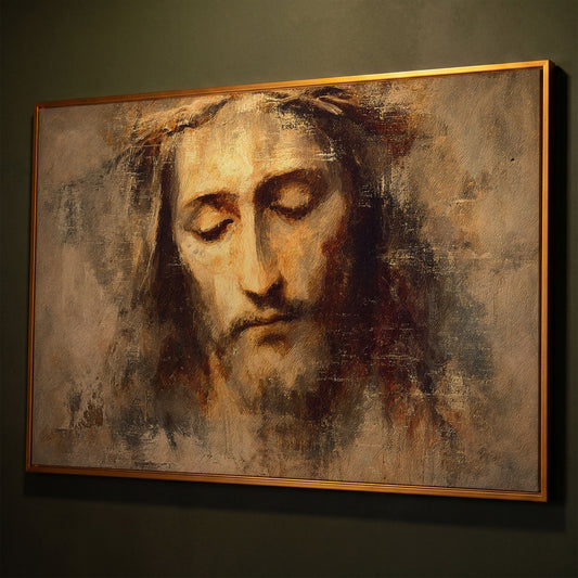 Jesus Christ with Crown of Thorns Canvas Wall Art shown in antique gold floating frame