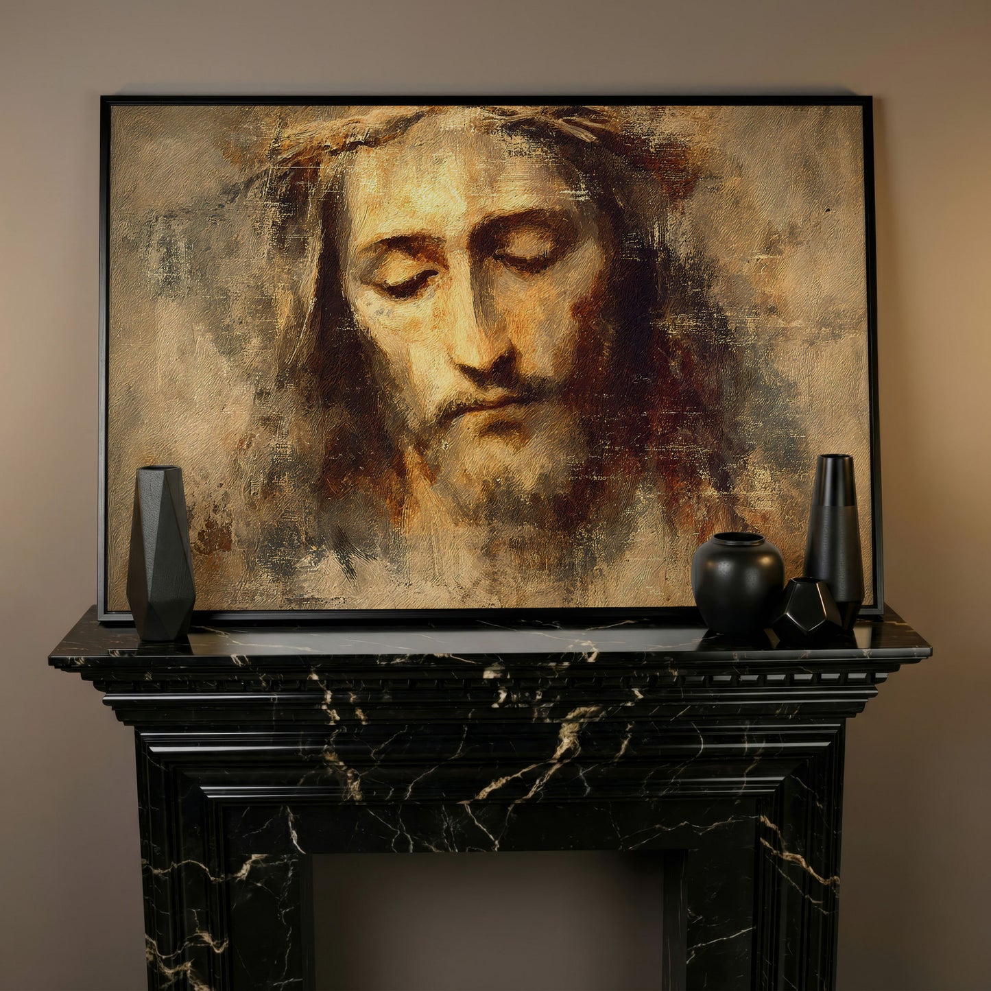 Jesus Christ with Crown of Thorns Canvas Wall Art in black floating frame