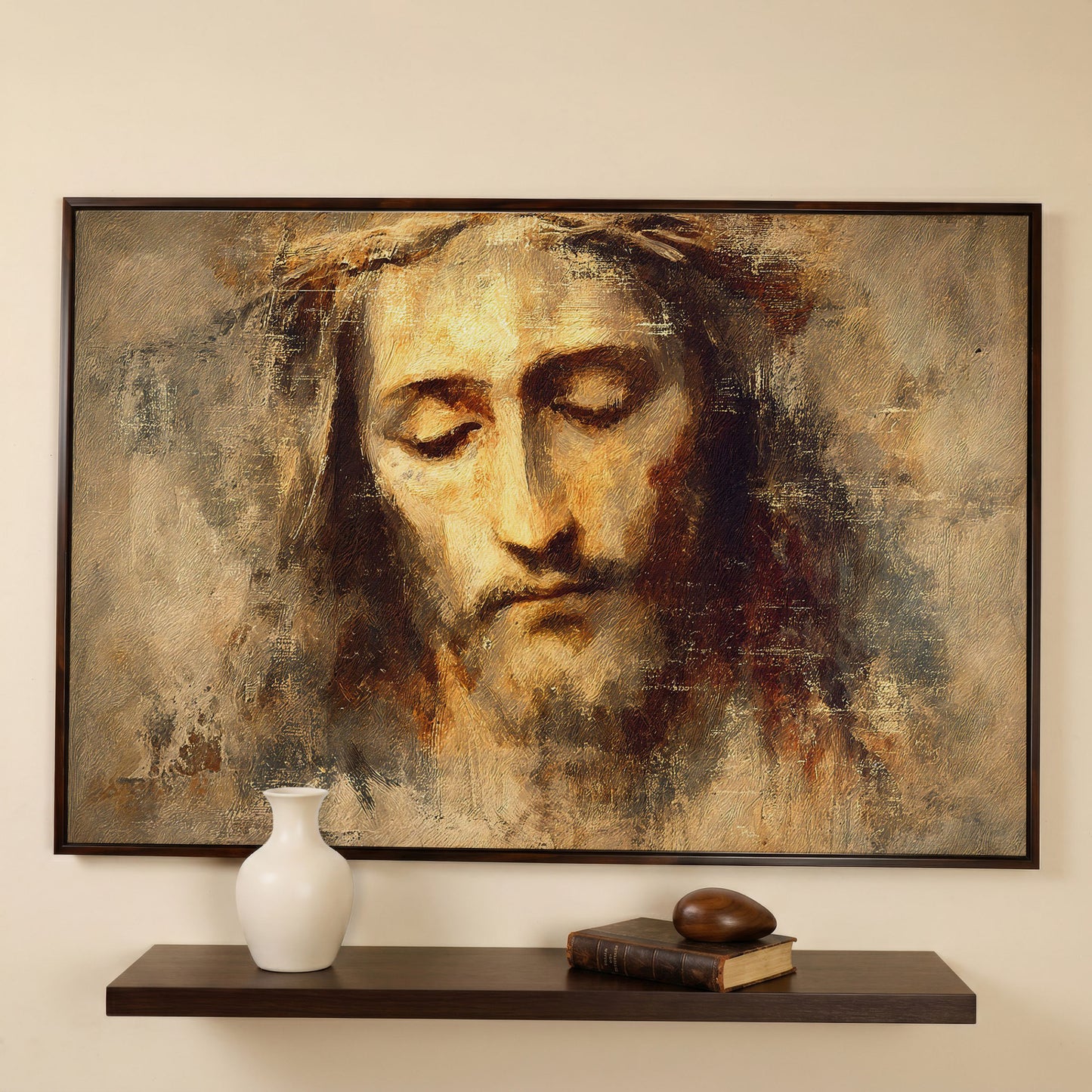 Jesus Christ with Crown of Thorns Canvas Wall Art in dark walnut floating frame
