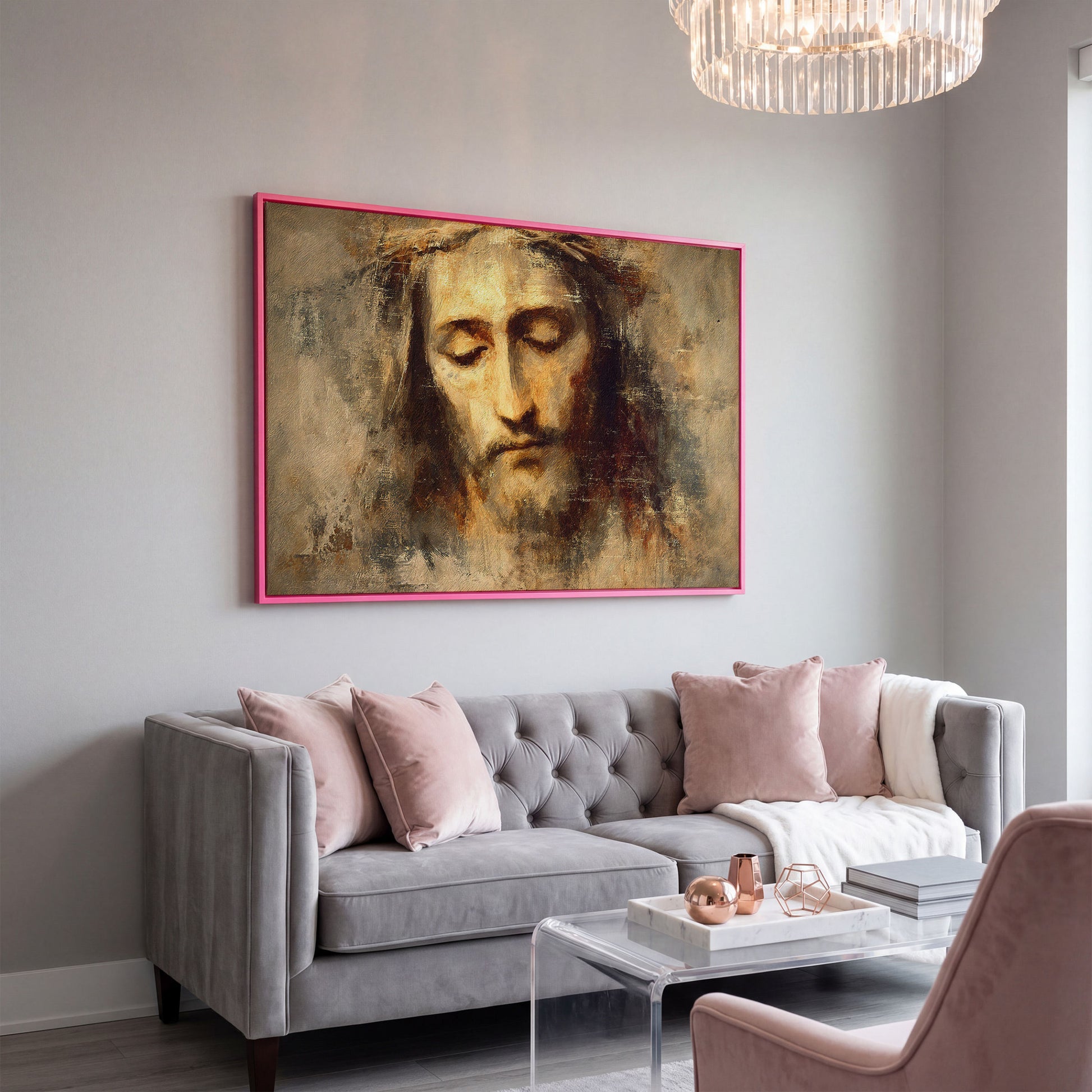Jesus Christ with Crown of Thorns Canvas Wall Art in pink floating frame