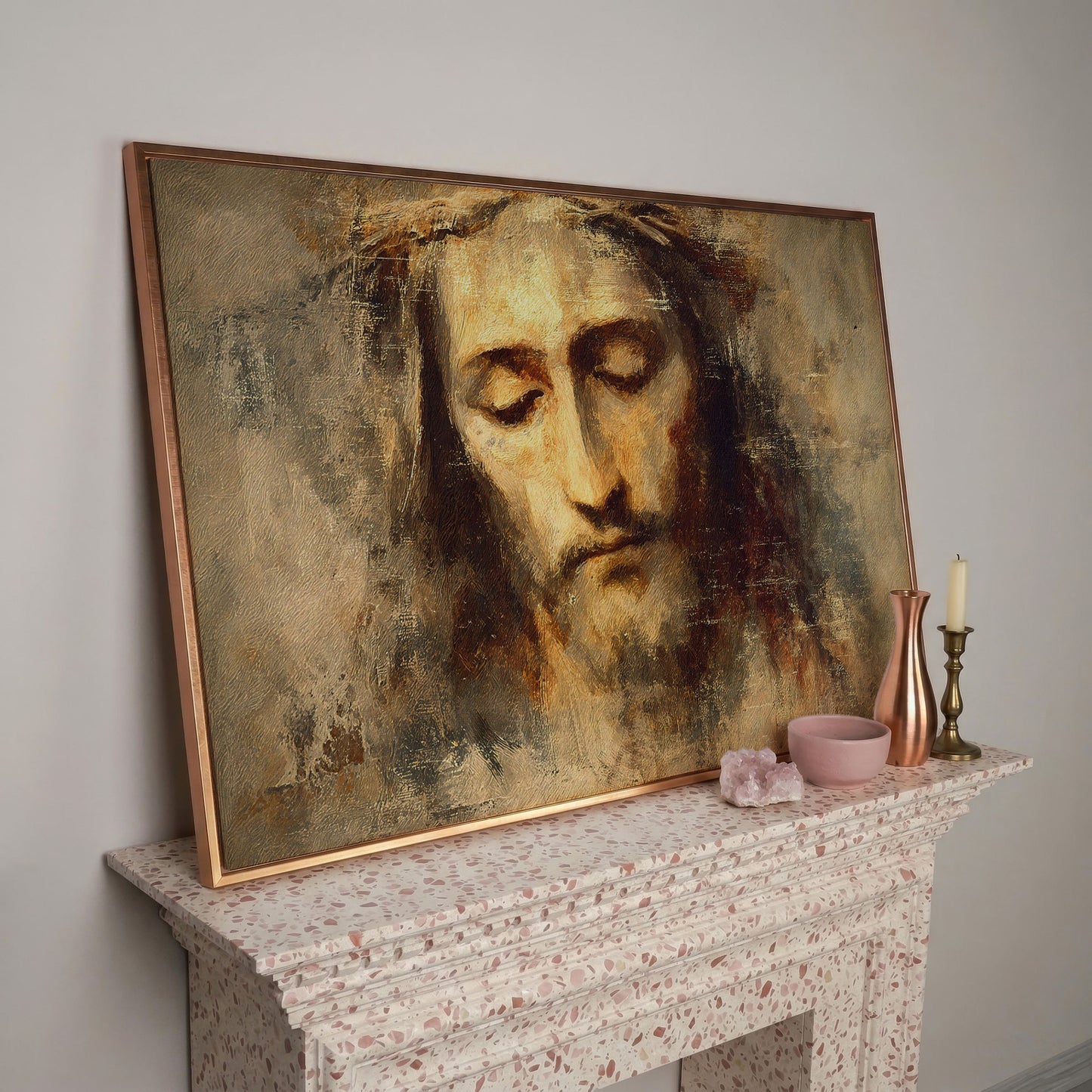 Jesus Christ with Crown of Thorns Canvas Wall Art in rose gold floating frame