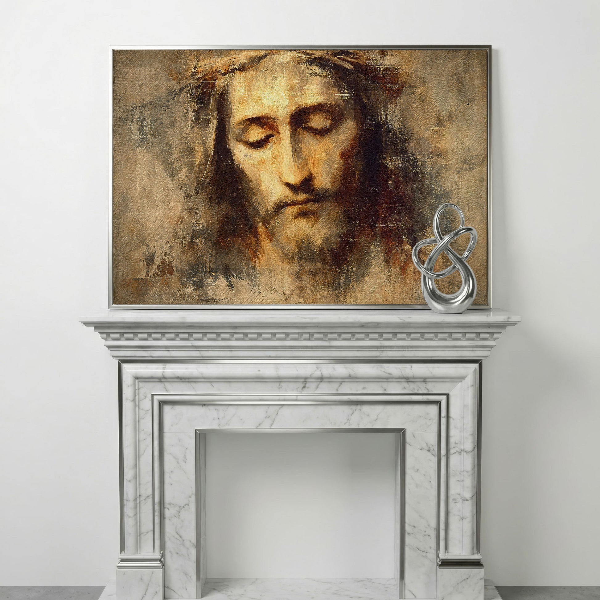 Jesus Christ with Crown of Thorns Canvas Wall Art in silver floating frame