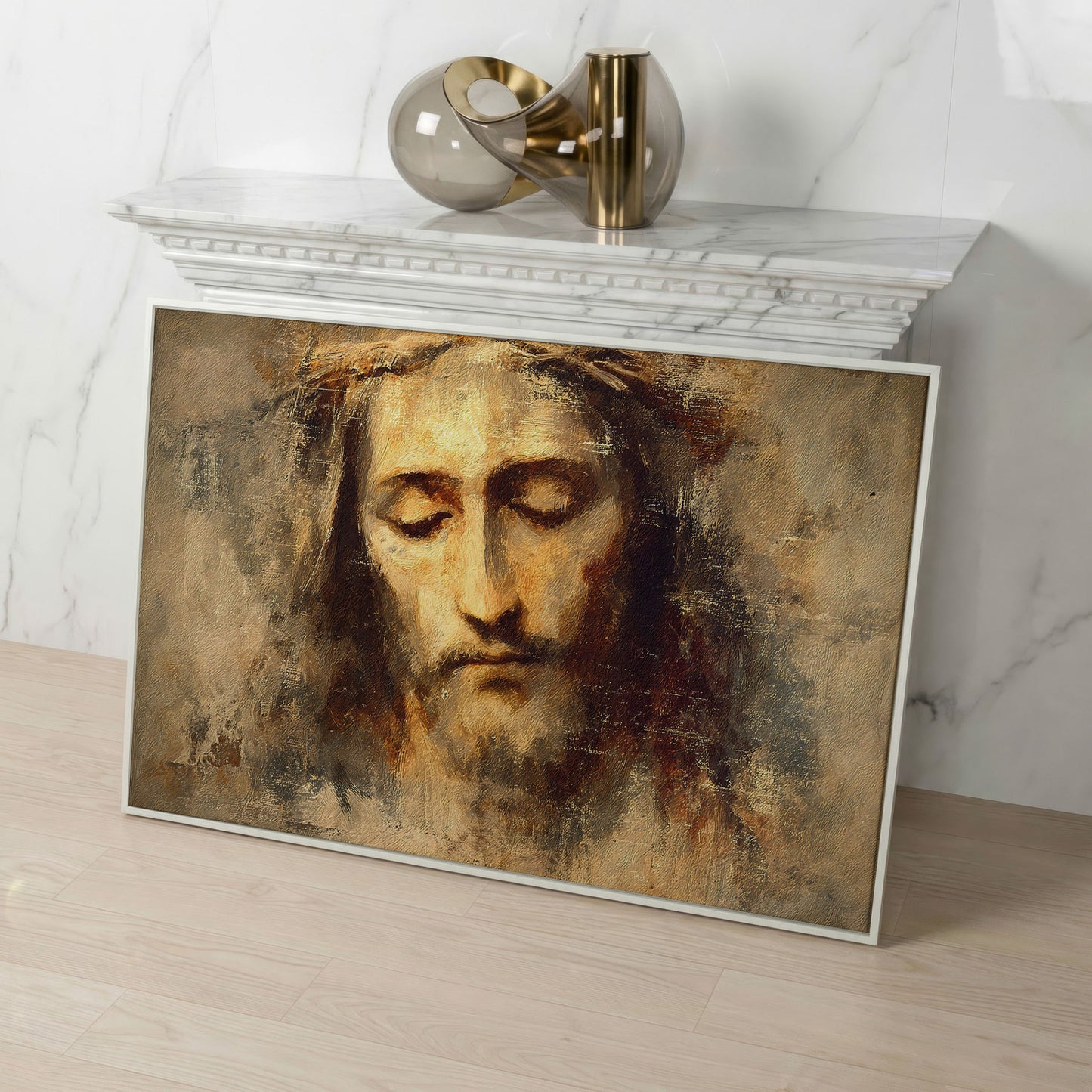 Jesus Christ with Crown of Thorns Canvas Wall Art in white floating frame