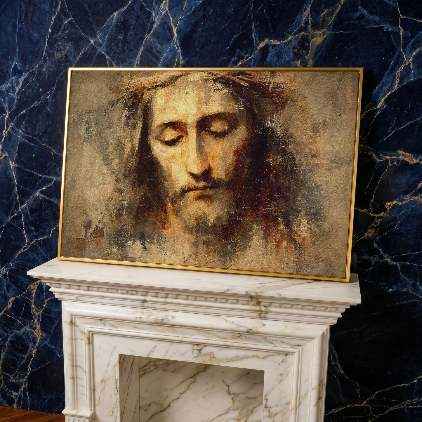 Jesus Christ with Crown of Thorns Canvas Wall Art in yellow gold floating frame