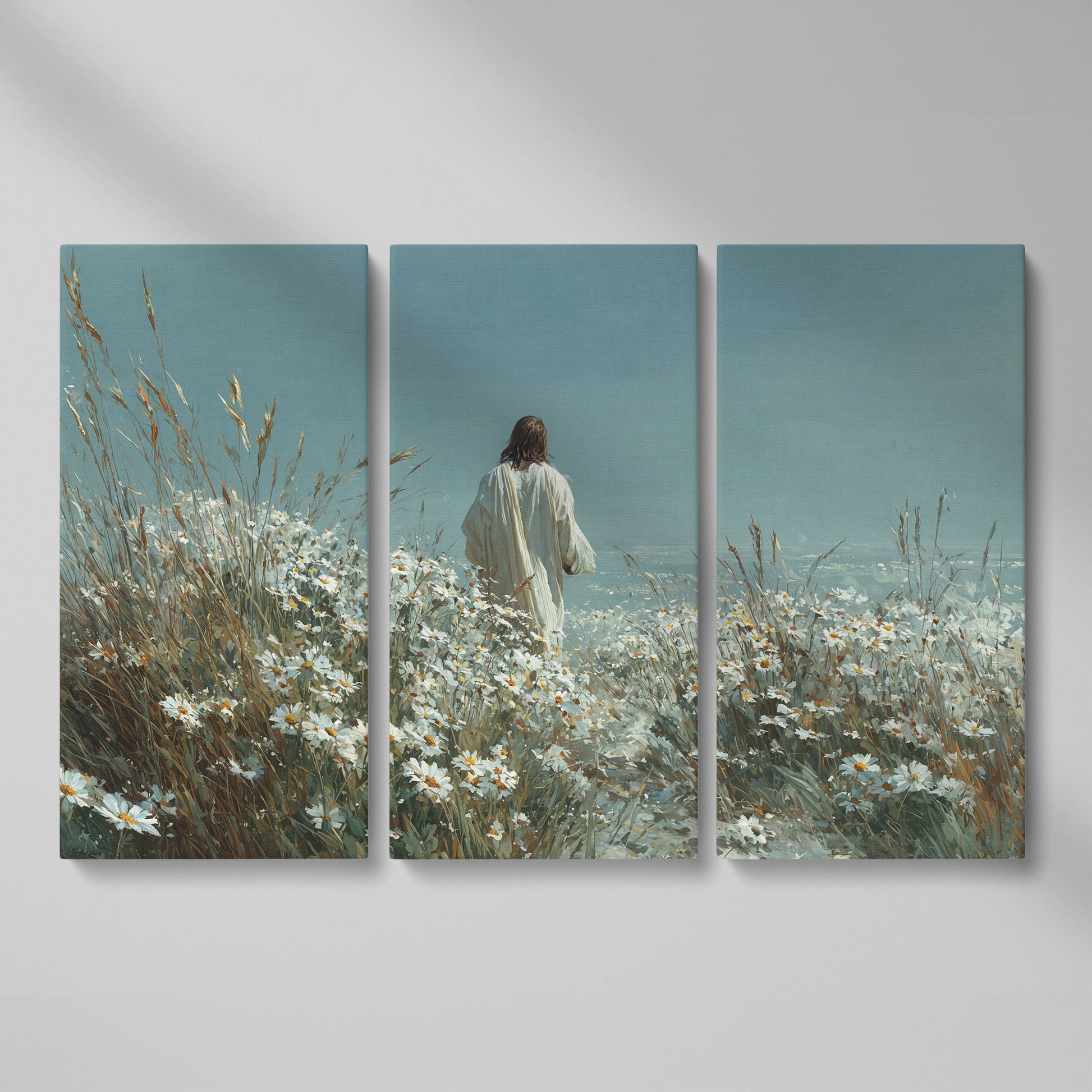 Jesus Walking in a Daisy Field Canvas Wall Art as 3-panel split version