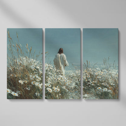 Jesus Walking in a Daisy Field Canvas Wall Art as 3-panel split version