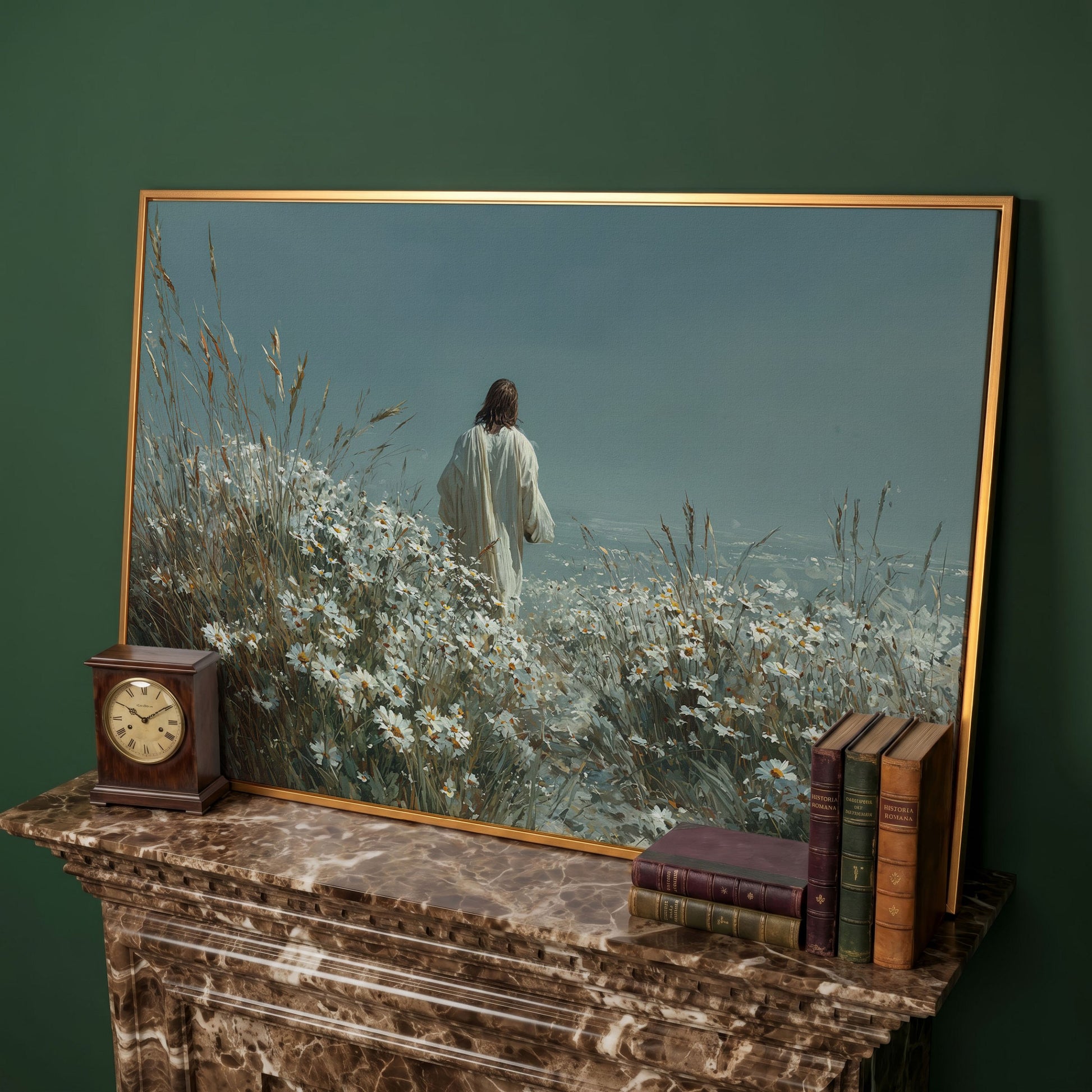 Jesus Walking in a Daisy Field Canvas Wall Art in antique gold floating frame
