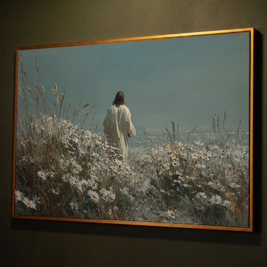 Jesus Walking in a Daisy Field Canvas Wall Art shown in antique gold floating frame