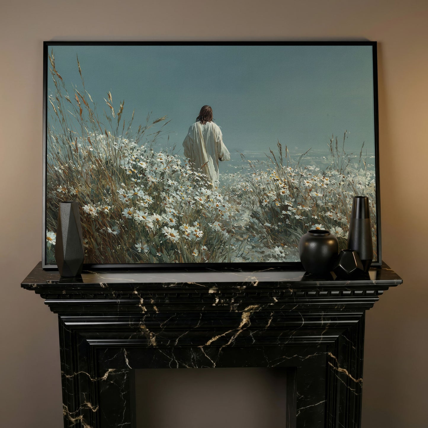 Jesus Walking in a Daisy Field Canvas Wall Art in black floating frame