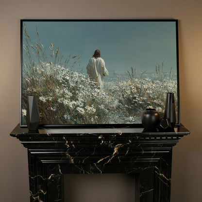 Jesus Walking in a Daisy Field Canvas Wall Art in black floating frame