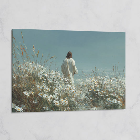 Jesus Walking in a Daisy Field Canvas Wall Art on gallery wrap