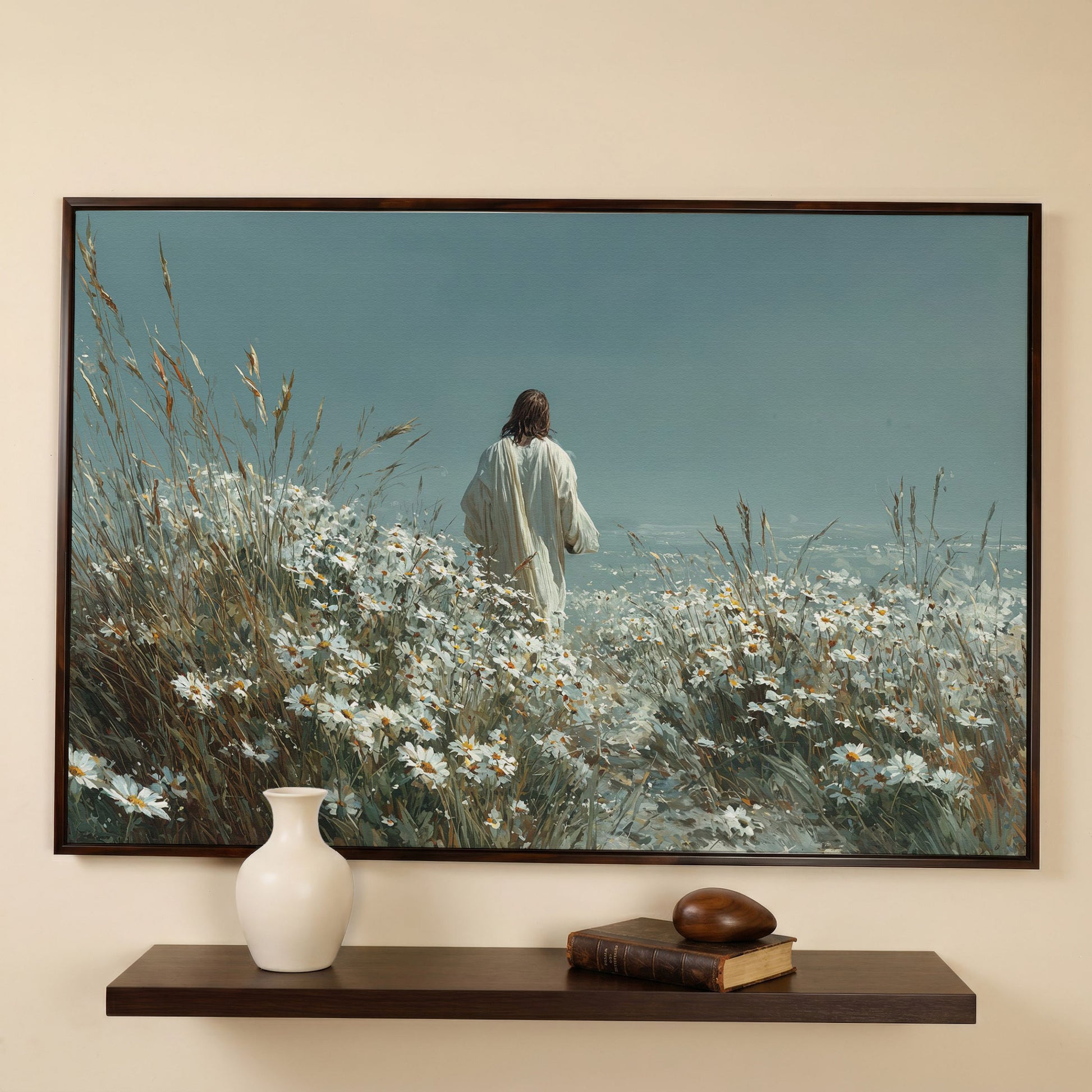 Jesus Walking in a Daisy Field Canvas Wall Art in dark walnut floating frame