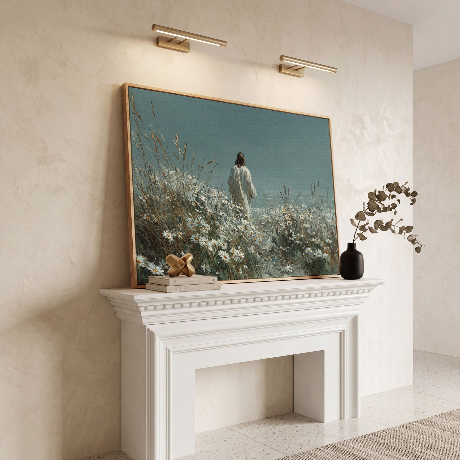 Jesus Walking in a Daisy Field Canvas Wall Art in white oak floating frame
