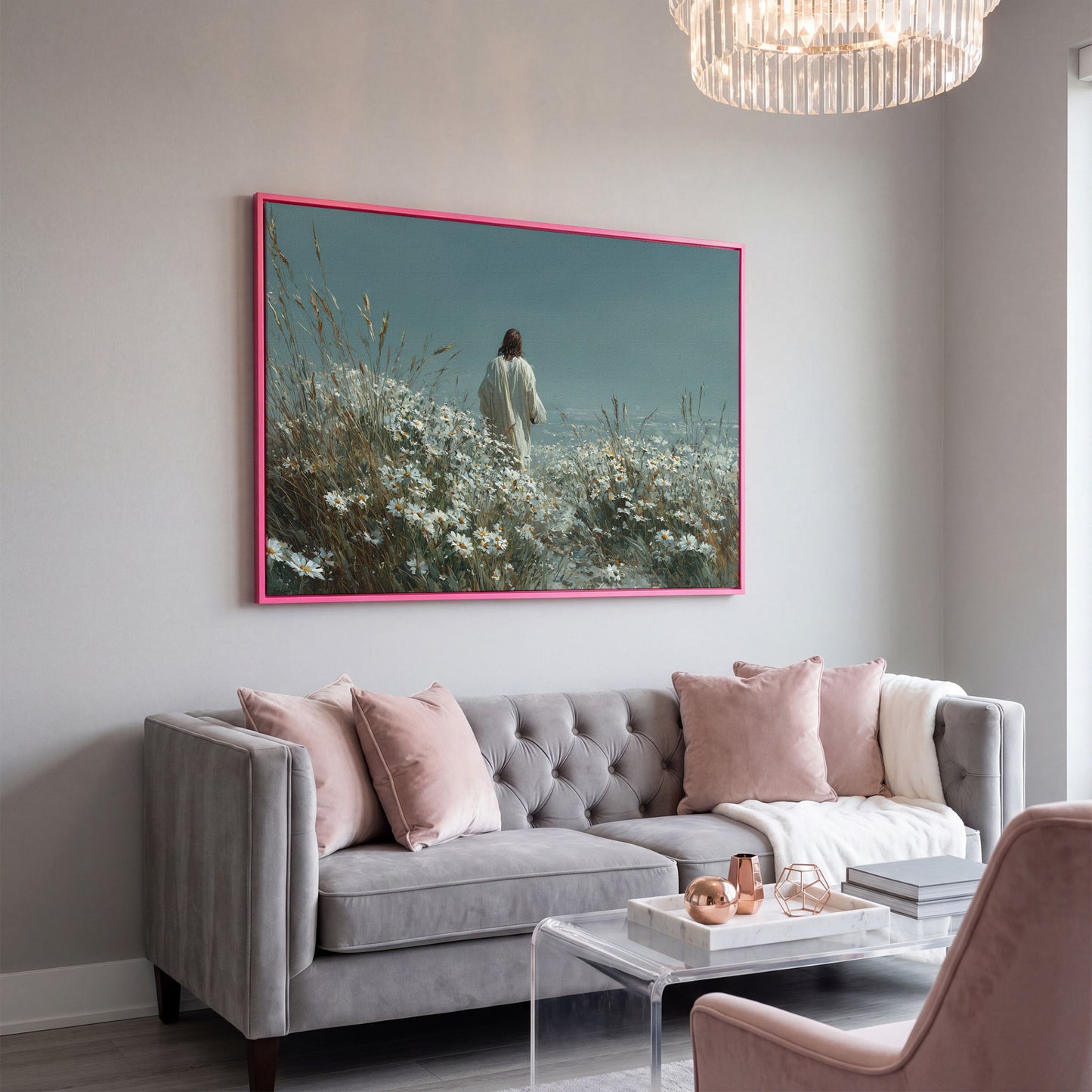 Jesus Walking in a Daisy Field Canvas Wall Art in pink floating frame