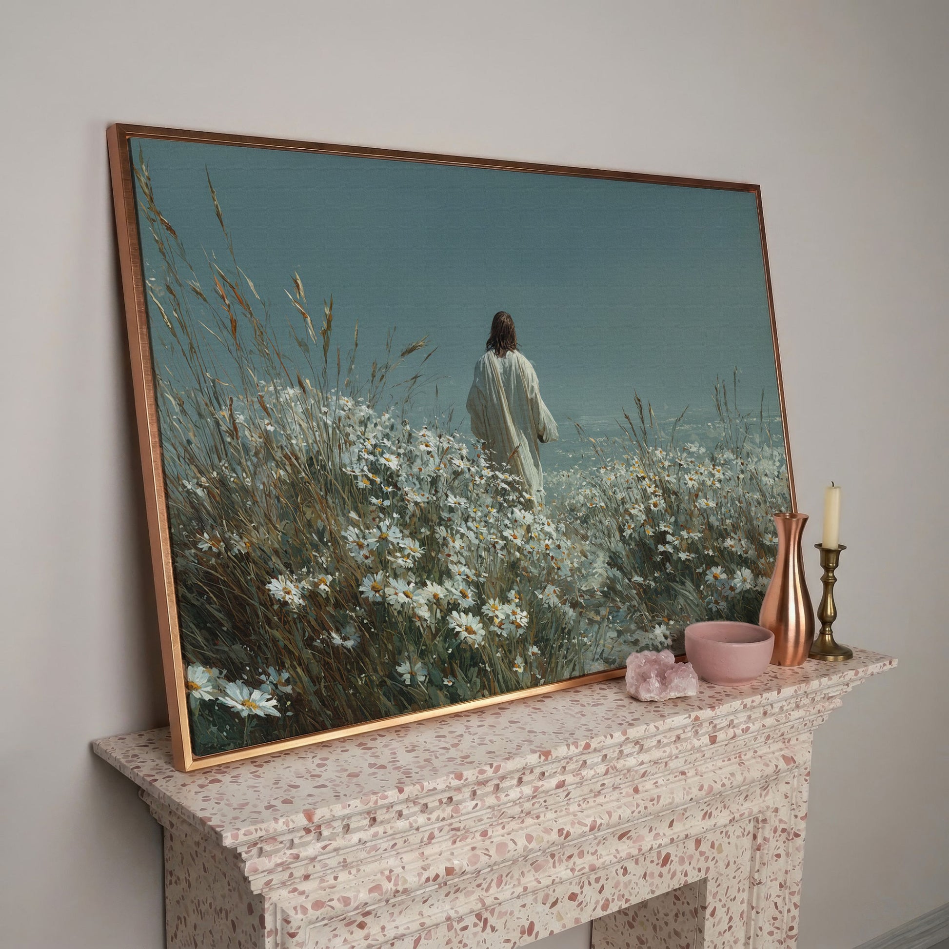 Jesus Walking in a Daisy Field Canvas Wall Art in rose gold floating frame