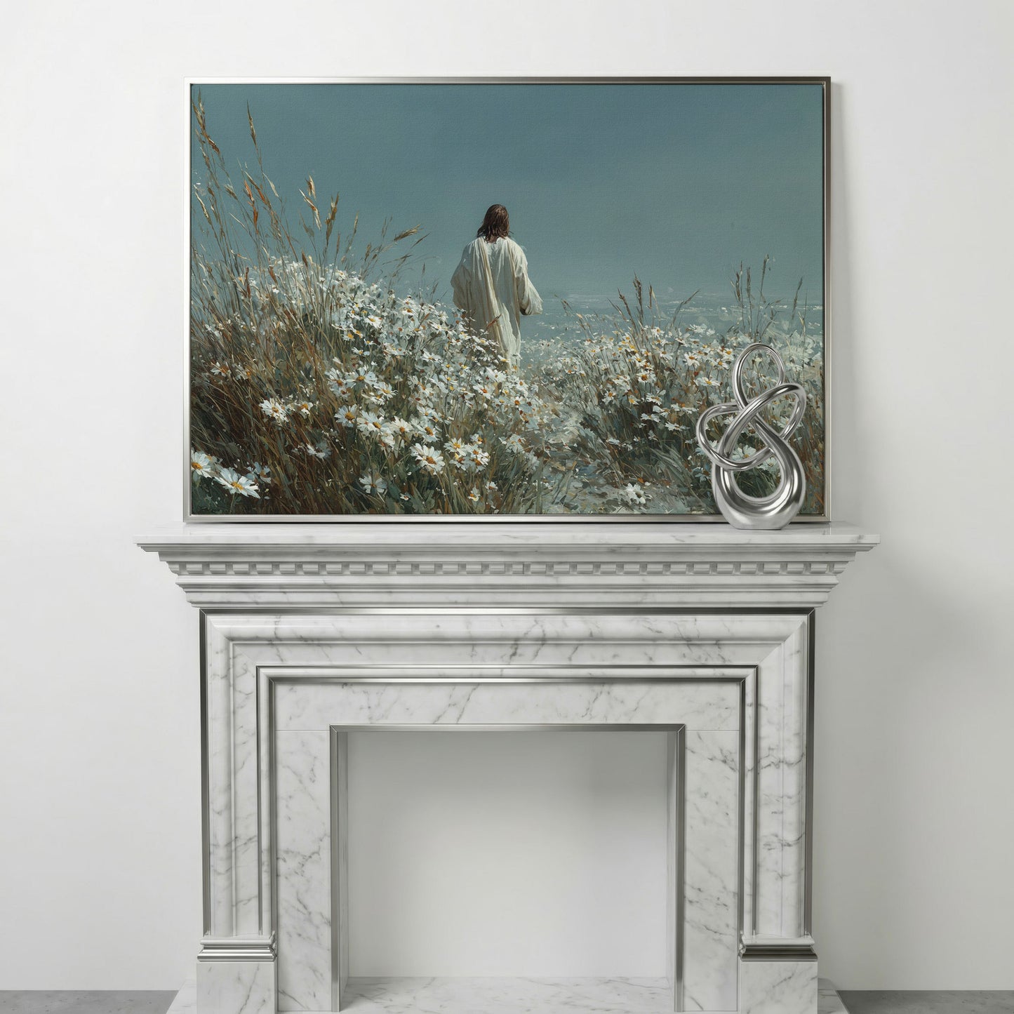 Jesus Walking in a Daisy Field Canvas Wall Art in silver floating frame