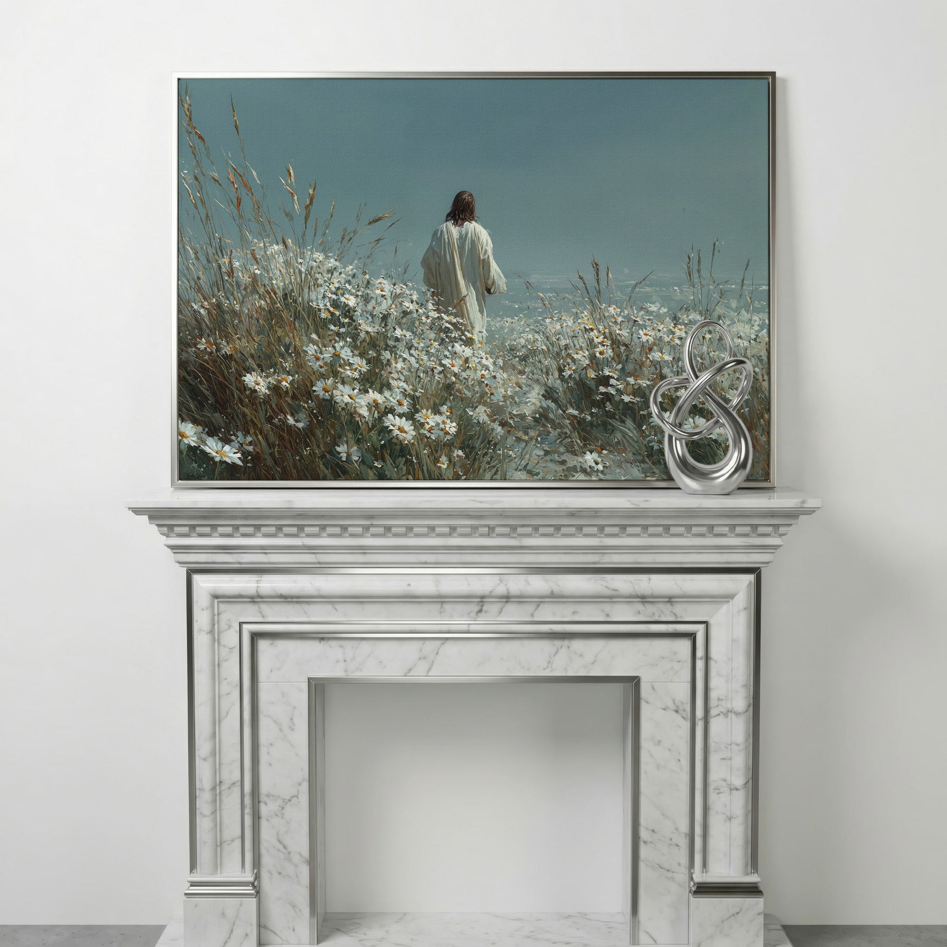 Jesus Walking in a Daisy Field Canvas Wall Art in silver floating frame