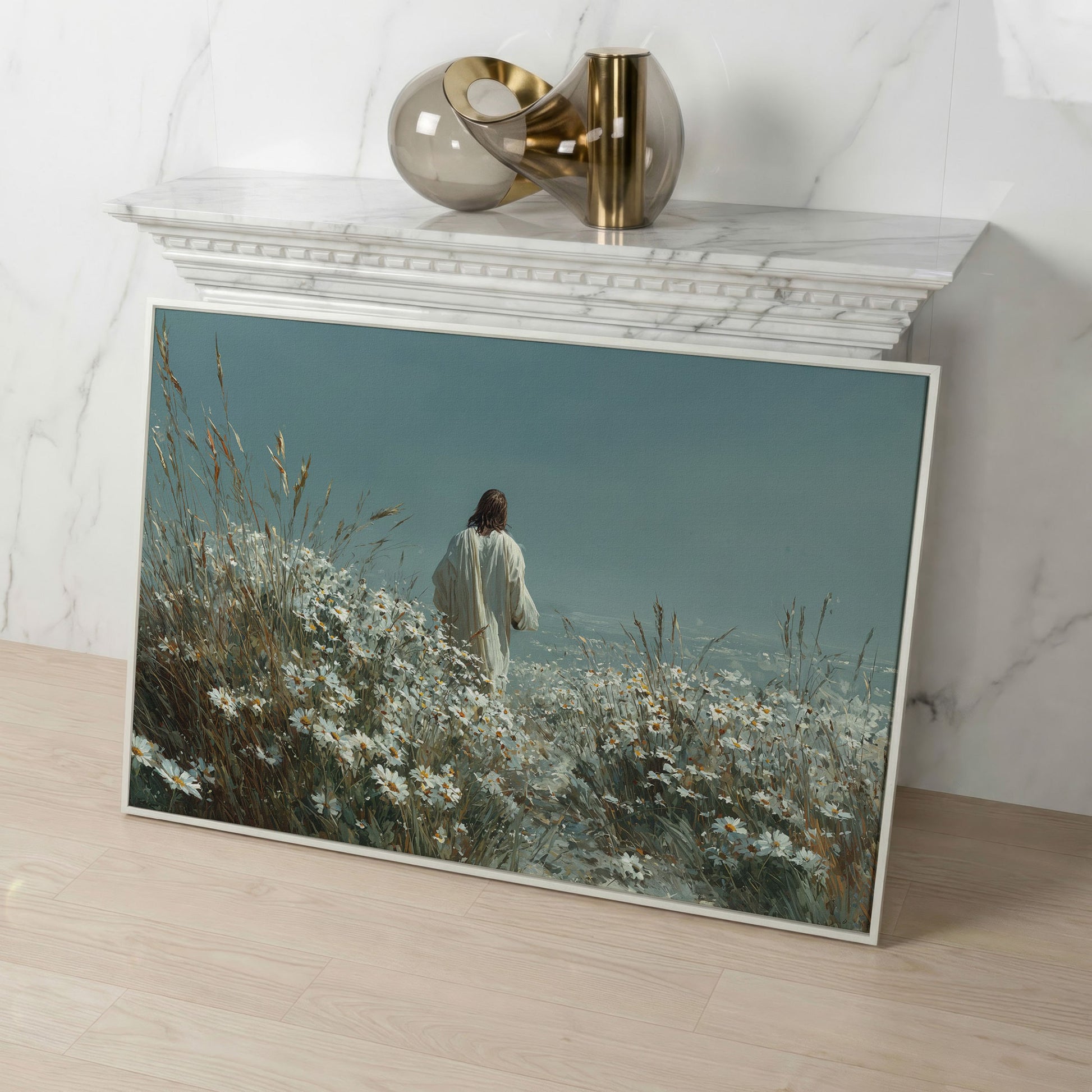 Jesus Walking in a Daisy Field Canvas Wall Art in white floating frame