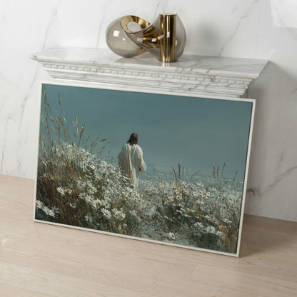 Jesus Walking in a Daisy Field Canvas Wall Art in white floating frame