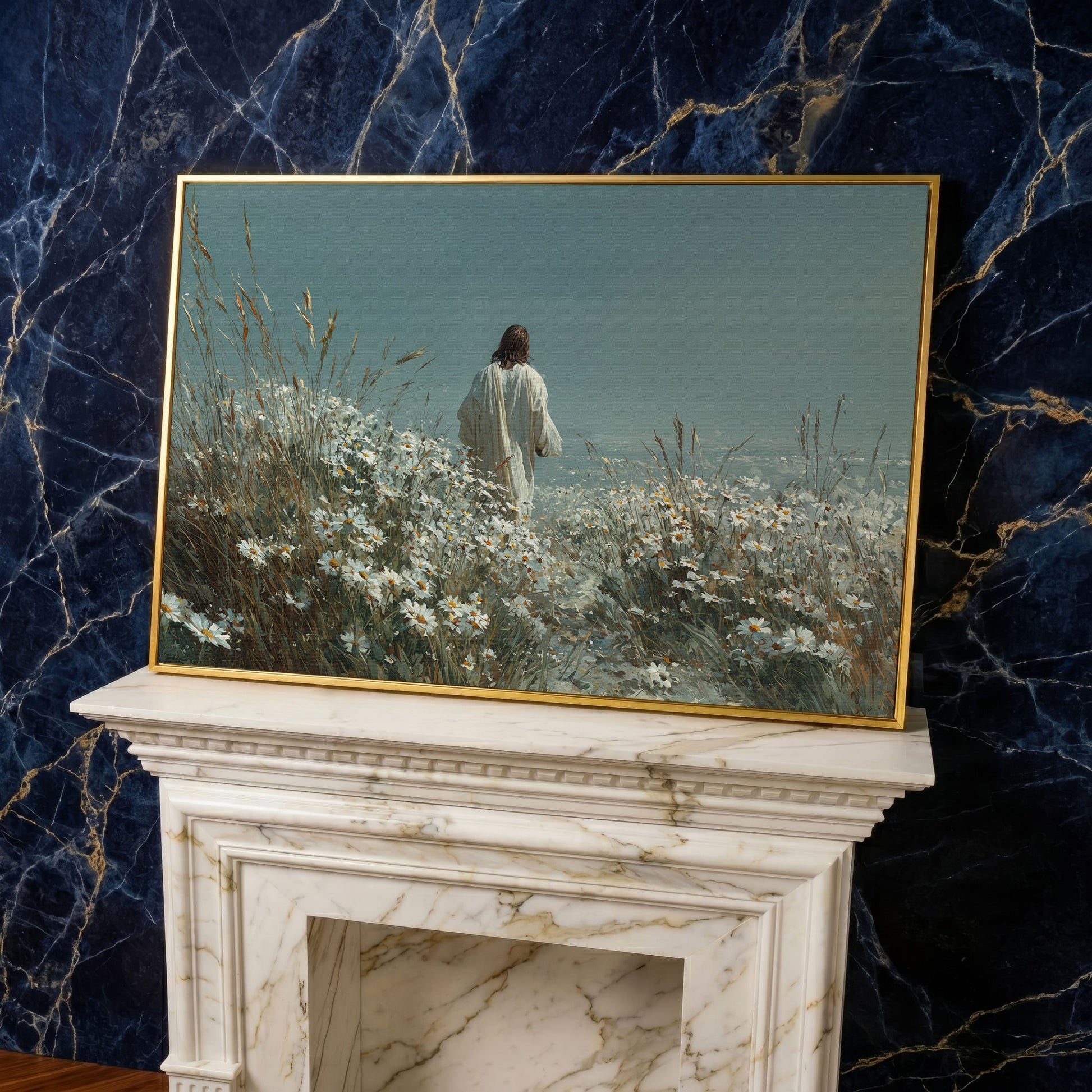 Jesus Walking in a Daisy Field Canvas Wall Art in yellow gold floating frame