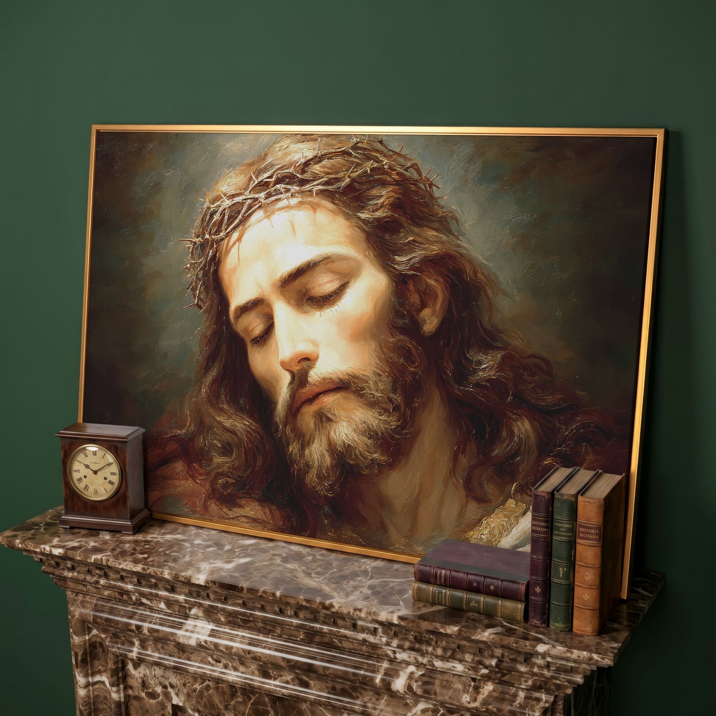 Holy Face of Jesus: Crown of Thorns Portrait Canvas Art in antique gold floating frame