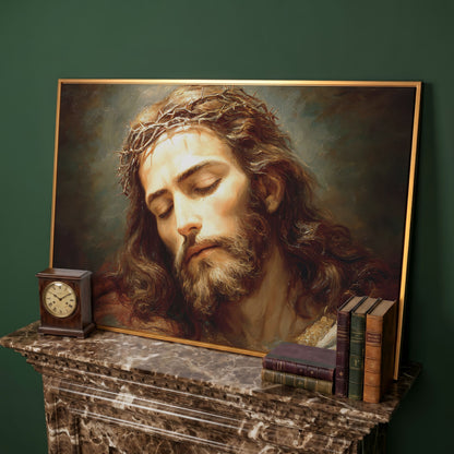 Holy Face of Jesus: Crown of Thorns Portrait Canvas Art in antique gold floating frame