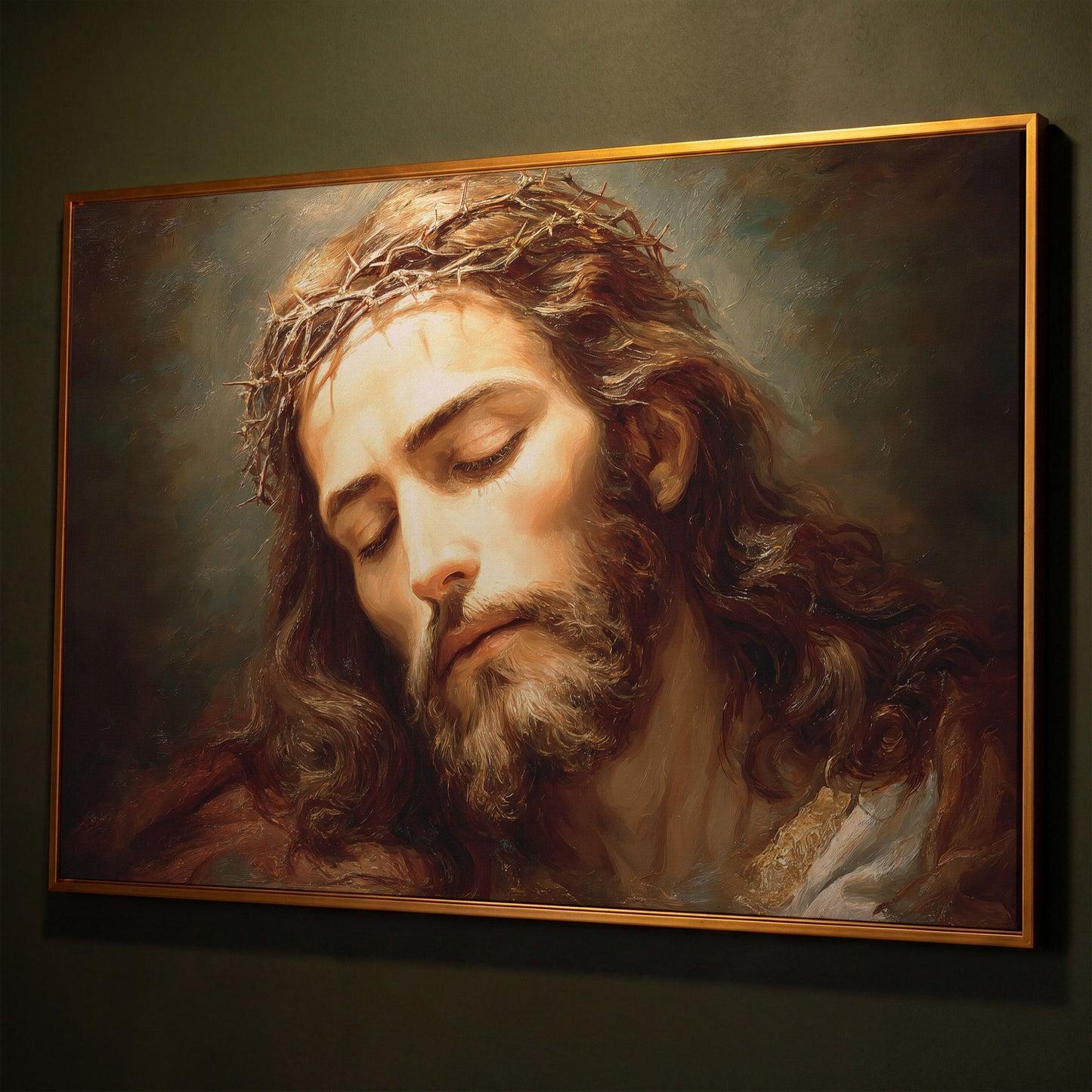 Holy Face of Jesus: Crown of Thorns Portrait Canvas Art shown in antique gold floating frame