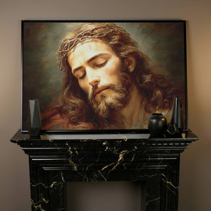 Holy Face of Jesus: Crown of Thorns Portrait Canvas Art in black floating frame