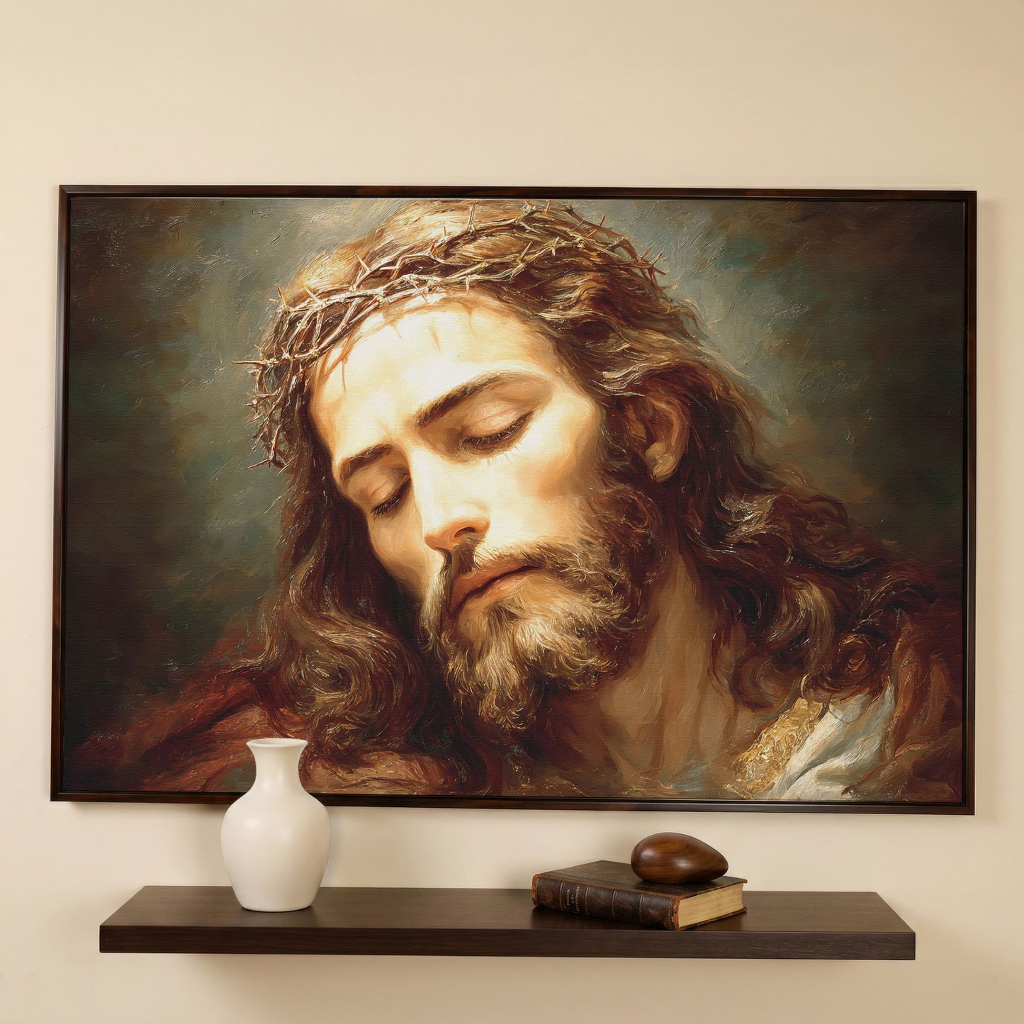 Holy Face of Jesus: Crown of Thorns Portrait Canvas Art in dark walnut floating frame