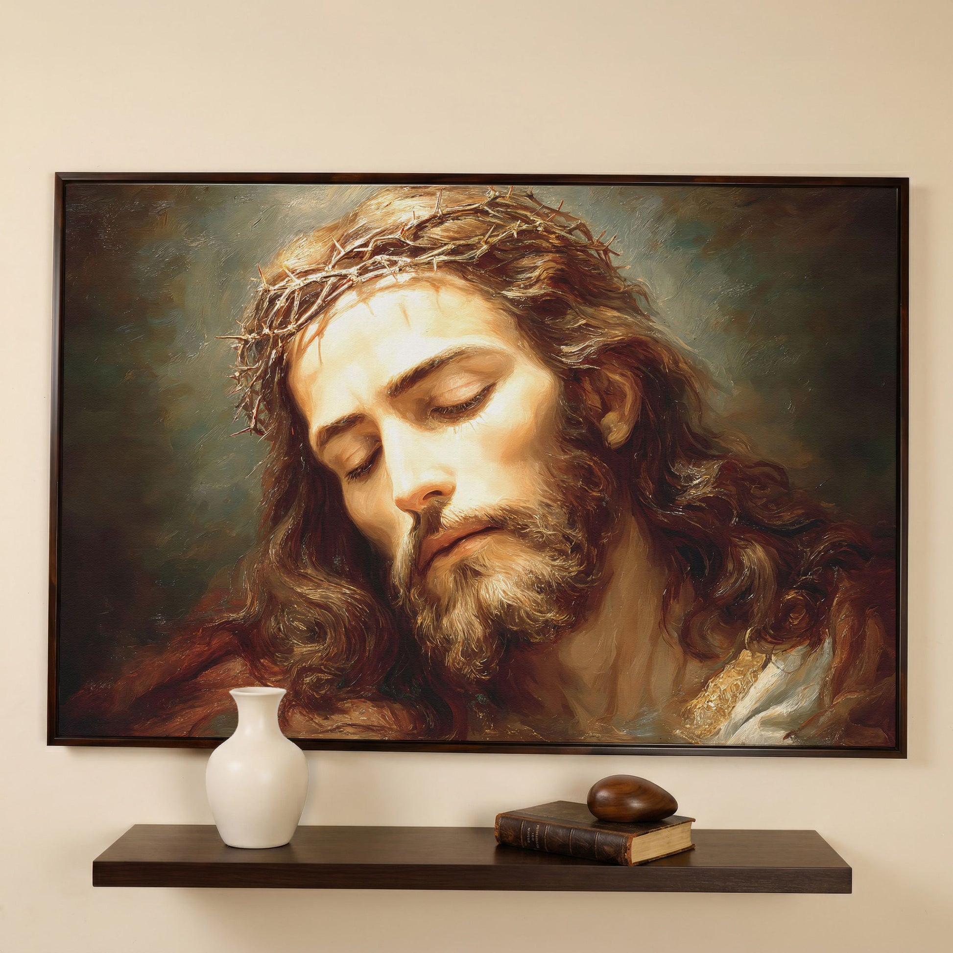 Holy Face of Jesus: Crown of Thorns Portrait Canvas Art in dark walnut floating frame