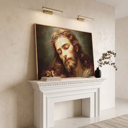 Holy Face of Jesus: Crown of Thorns Portrait Canvas Art in white oak floating frame