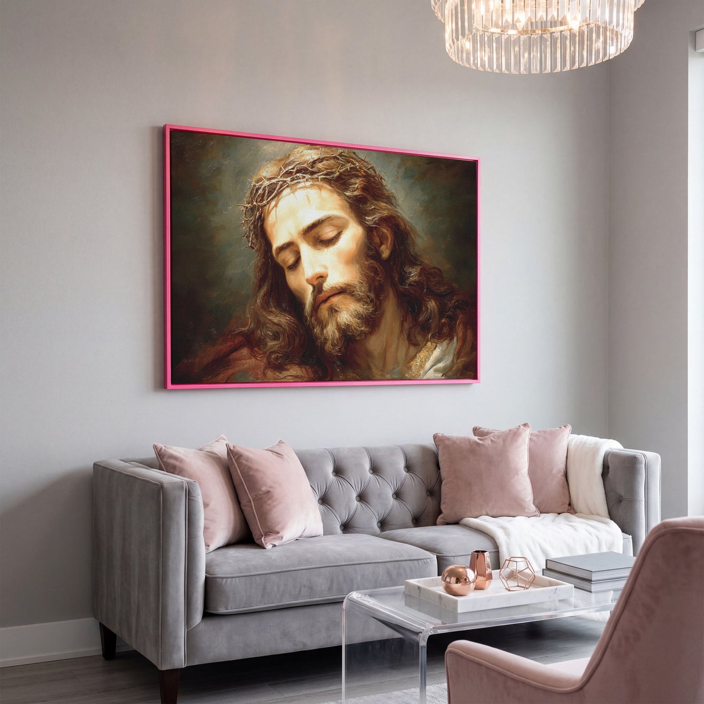 Holy Face of Jesus: Crown of Thorns Portrait Canvas Art in pink floating frame