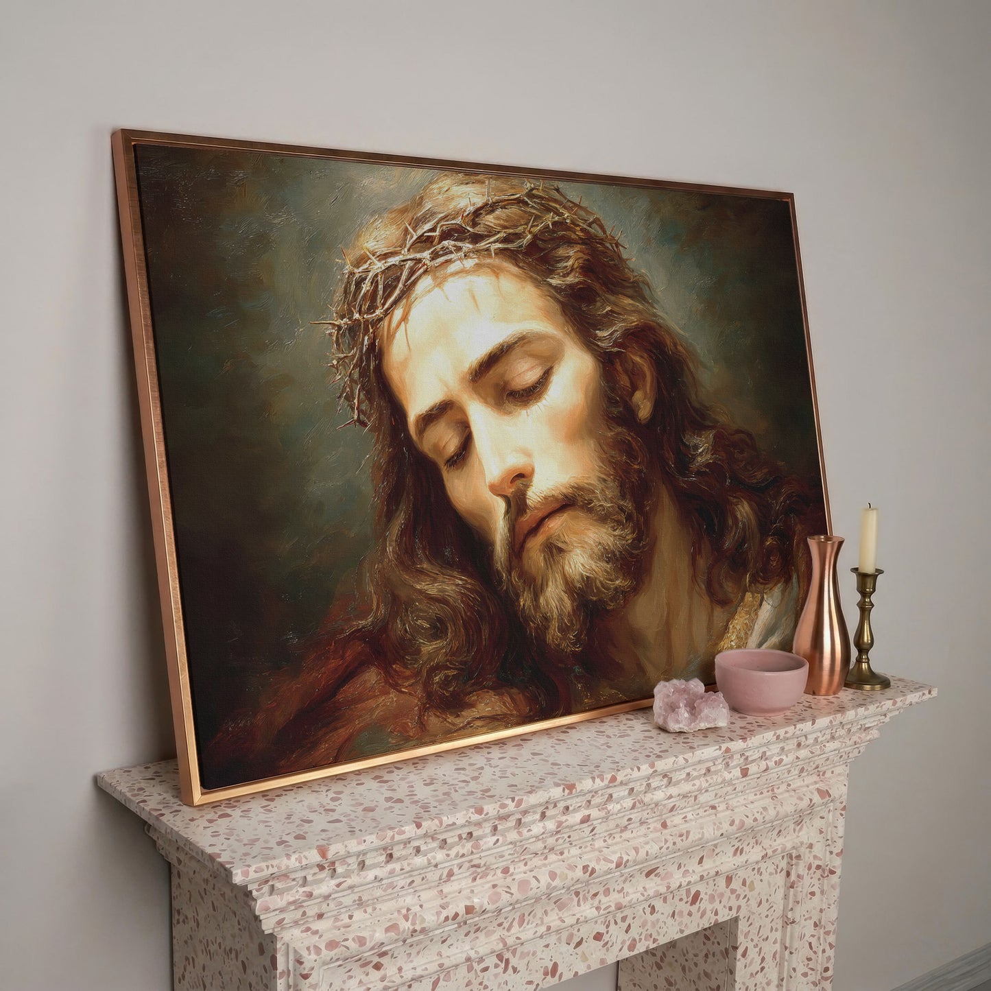 Holy Face of Jesus: Crown of Thorns Portrait Canvas Art in rose gold floating frame