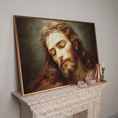 Holy Face of Jesus: Crown of Thorns Portrait Canvas Art in rose gold floating frame
