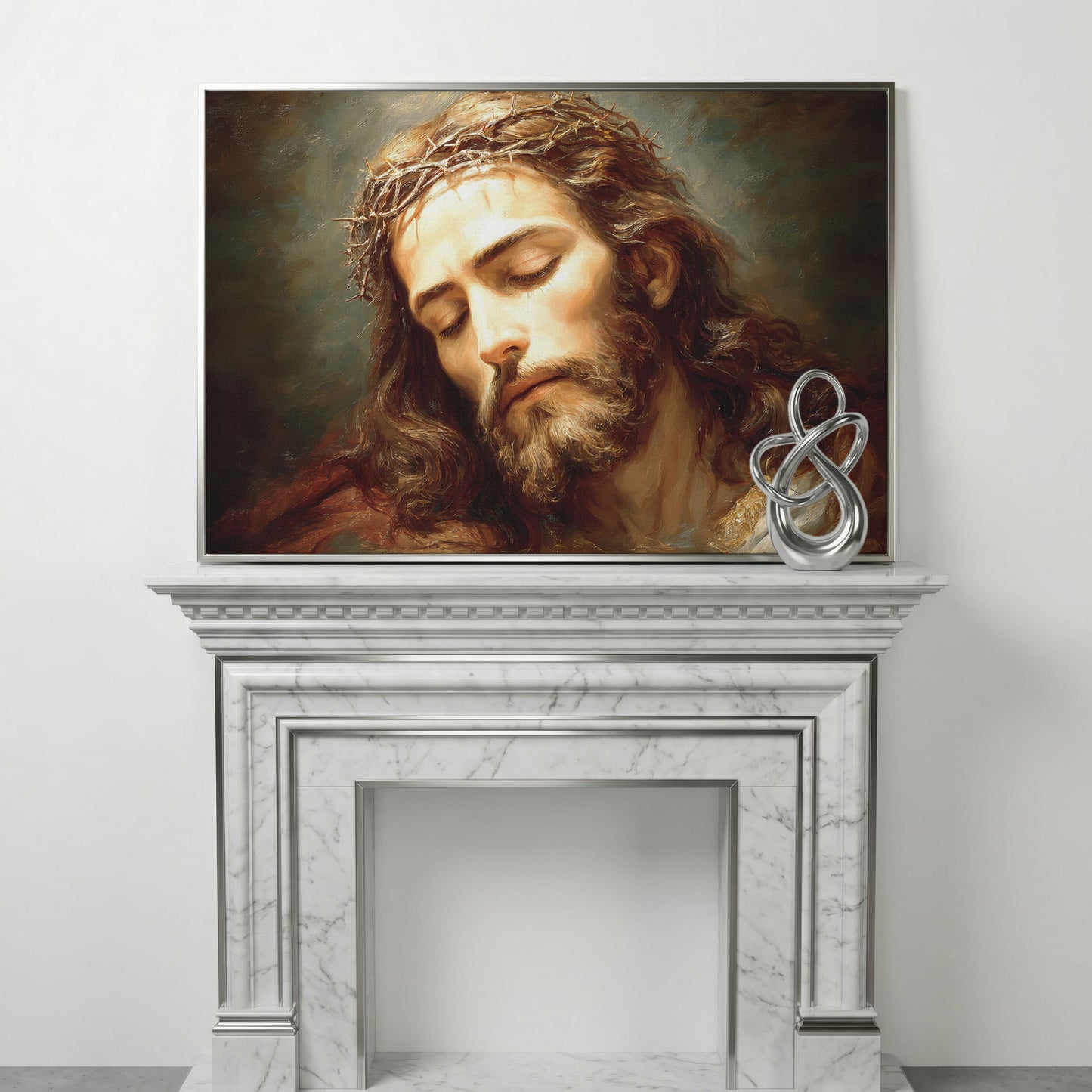 Holy Face of Jesus: Crown of Thorns Portrait Canvas Art in silver floating frame