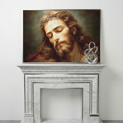 Holy Face of Jesus: Crown of Thorns Portrait Canvas Art in silver floating frame