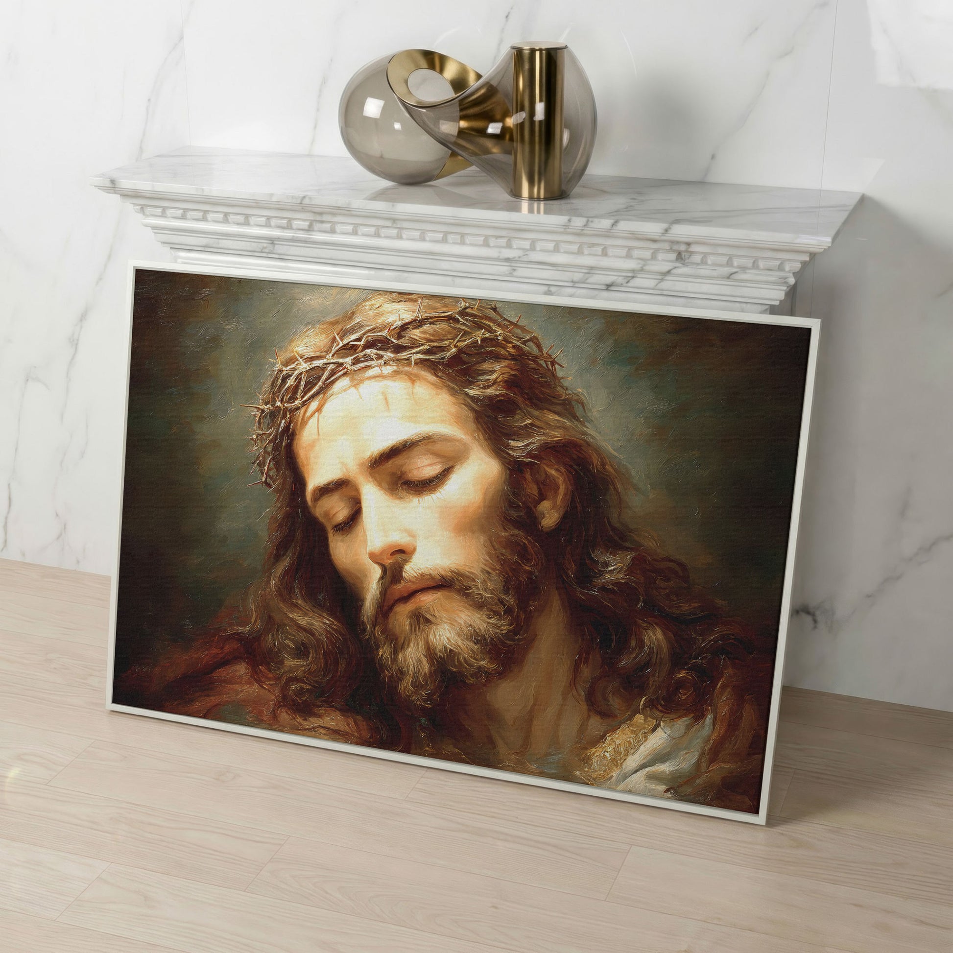 Holy Face of Jesus: Crown of Thorns Portrait Canvas Art in white floating frame