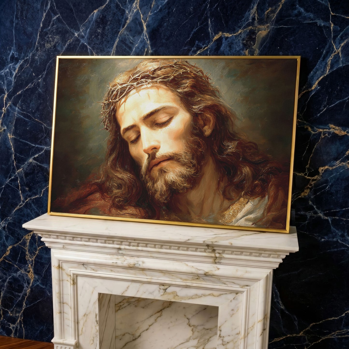 Holy Face of Jesus: Crown of Thorns Portrait Canvas Art in yellow gold floating frame