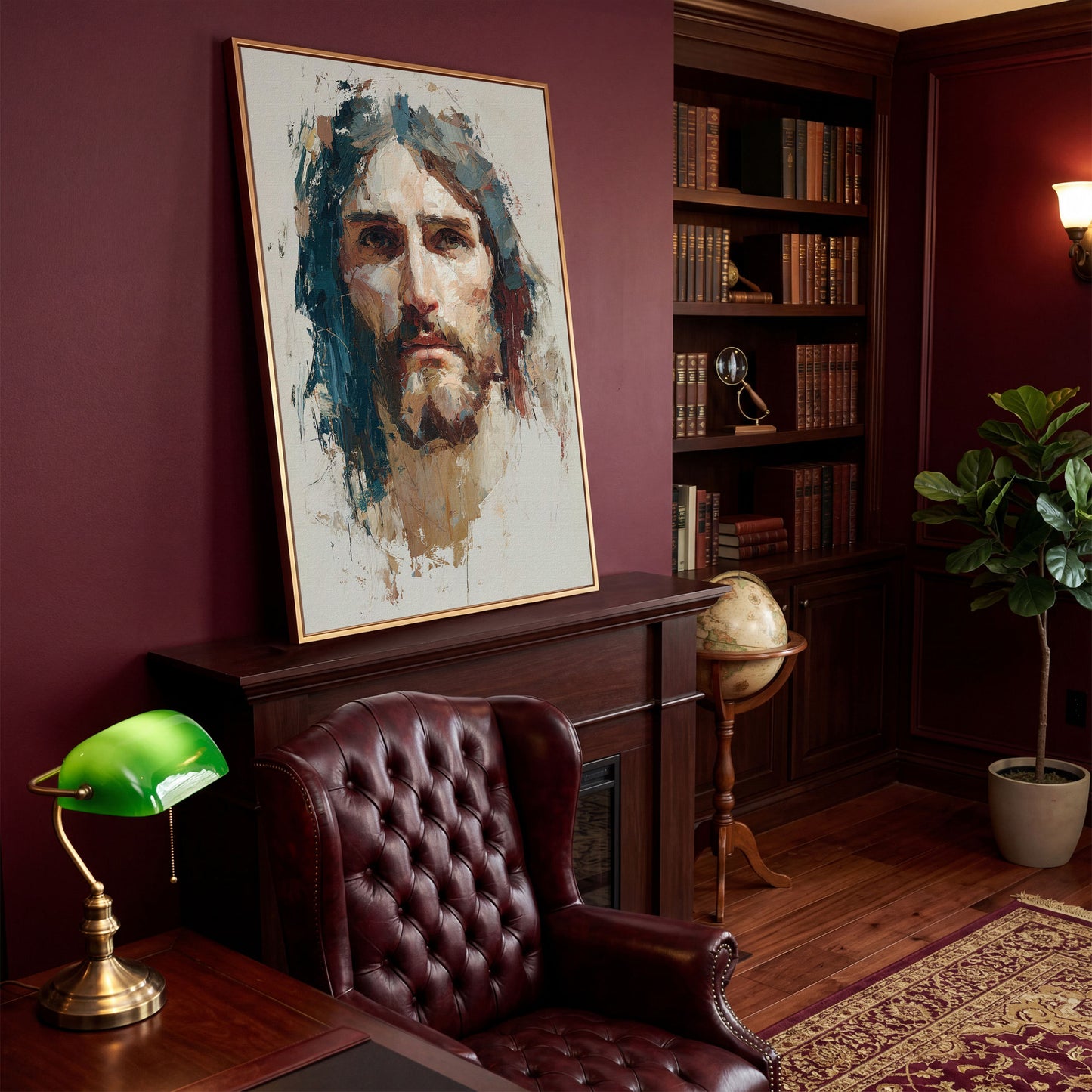 Face of Jesus Christ Canvas Art, Abstract Modern Portrait in antique gold floating frame