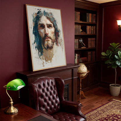 Face of Jesus Christ Canvas Art, Abstract Modern Portrait in antique gold floating frame