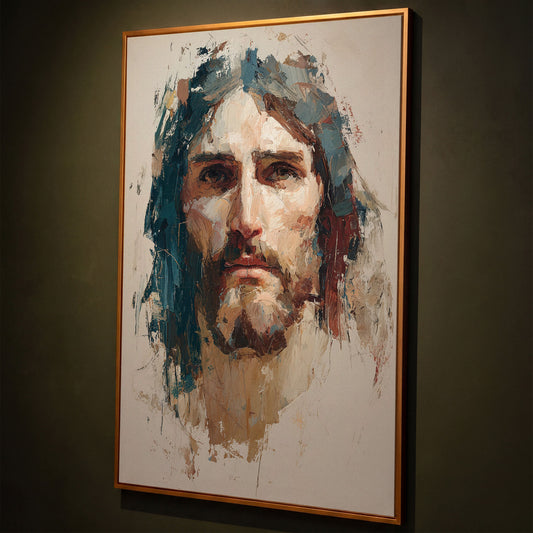 Face of Jesus Christ Canvas Art, Abstract Modern Portrait shown in antique gold floating frame