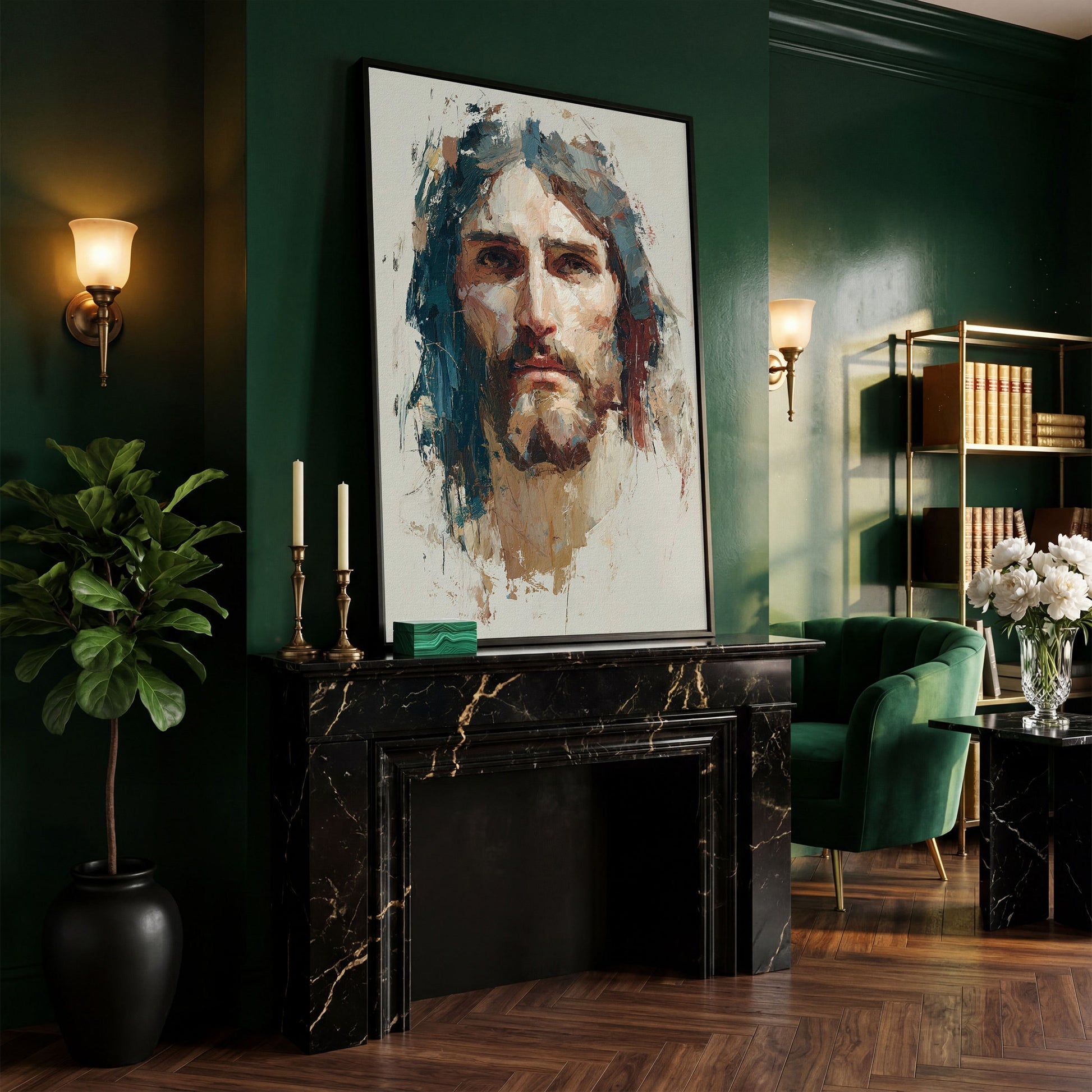 Face of Jesus Christ Canvas Art, Abstract Modern Portrait in black floating frame