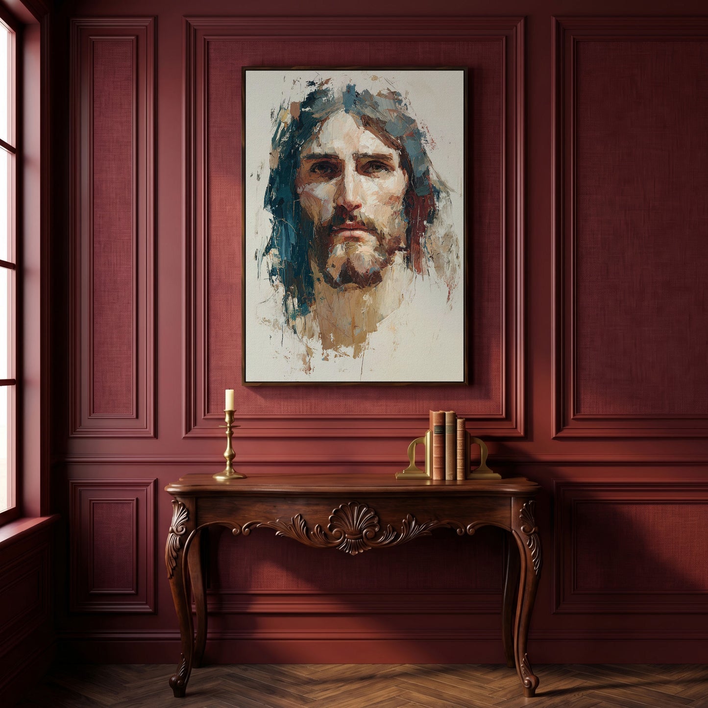 Face of Jesus Christ Canvas Art, Abstract Modern Portrait in dark walnut floating frame