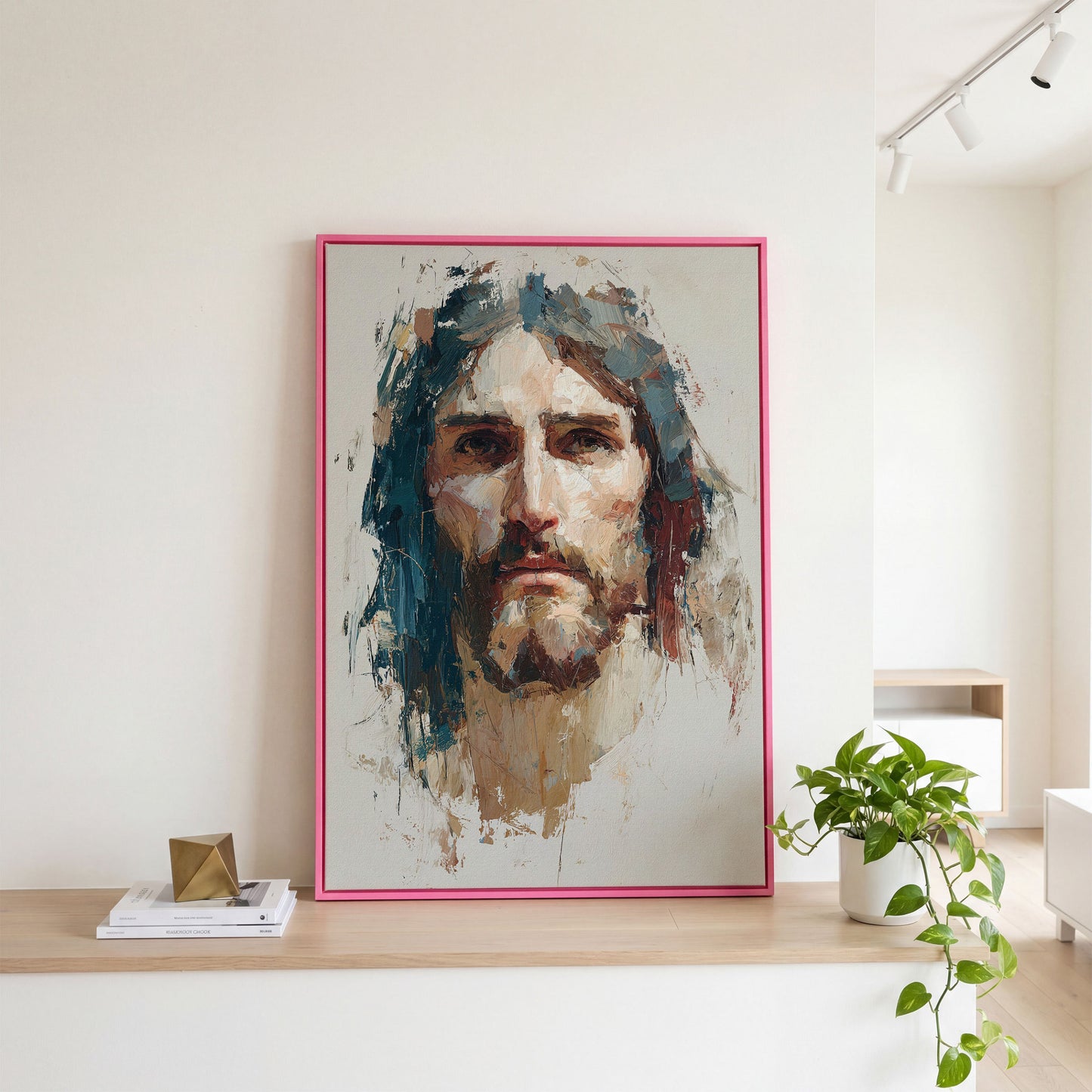 Face of Jesus Christ Canvas Art, Abstract Modern Portrait in pink floating frame