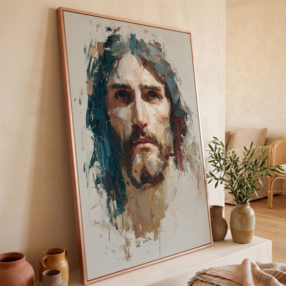 Face of Jesus Christ Canvas Art, Abstract Modern Portrait in rose gold floating frame