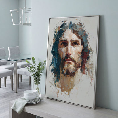 Face of Jesus Christ Canvas Art, Abstract Modern Portrait in silver floating frame