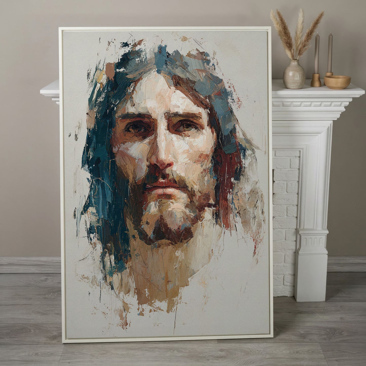 Face of Jesus Christ Canvas Art, Abstract Modern Portrait in white floating frame