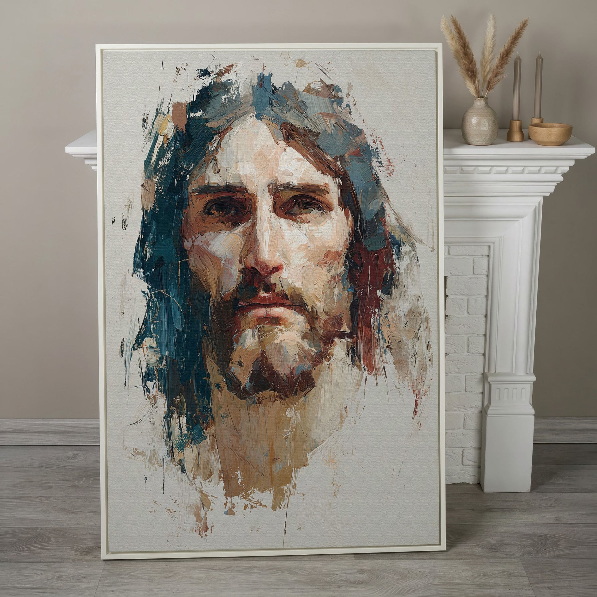 Face of Jesus Christ Canvas Art, Abstract Modern Portrait in white floating frame