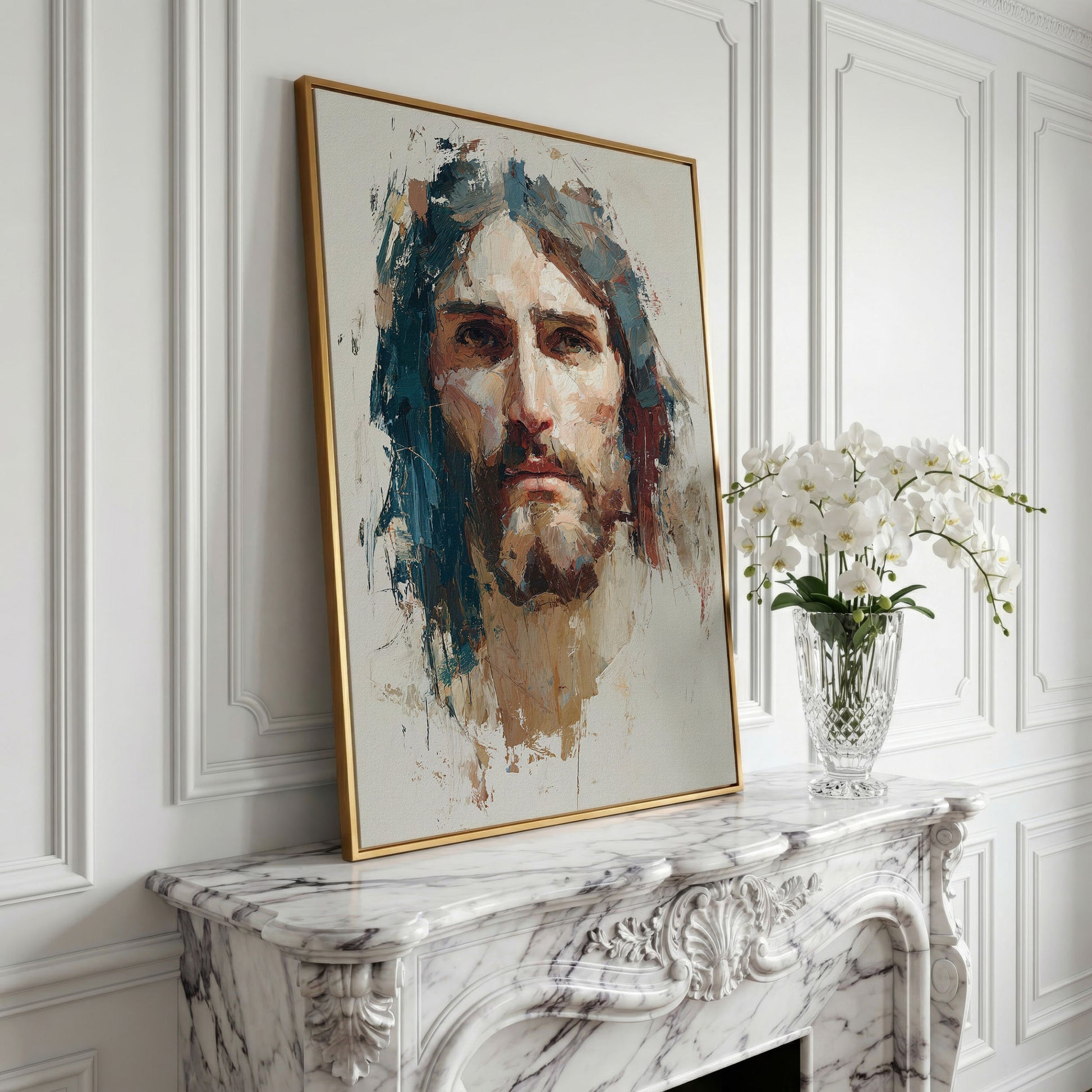 Face of Jesus Christ Canvas Art, Abstract Modern Portrait in yellow gold floating frame