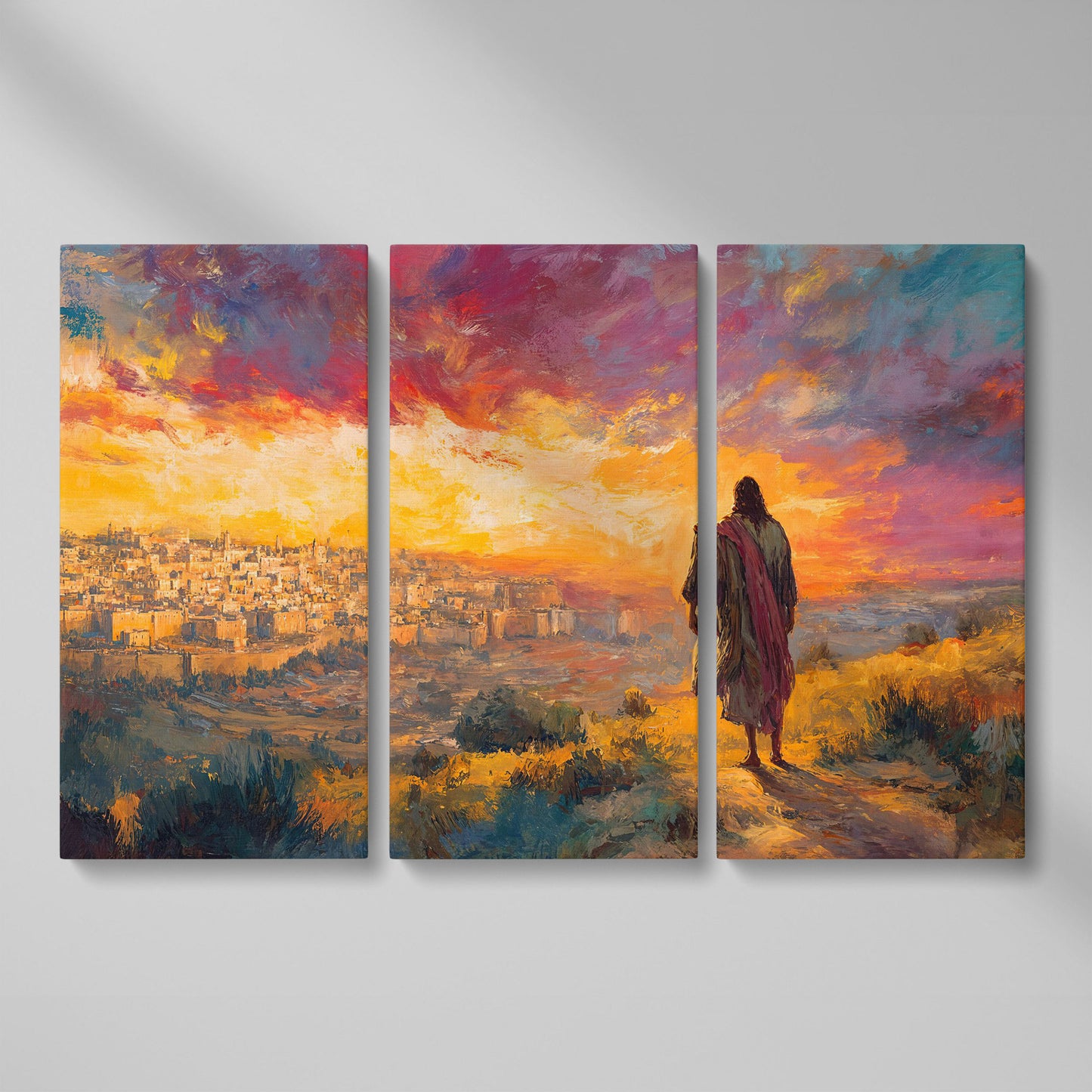 Jesus Overlooking Jerusalem at Sunset Canvas Wall Art as 3-panel split version
